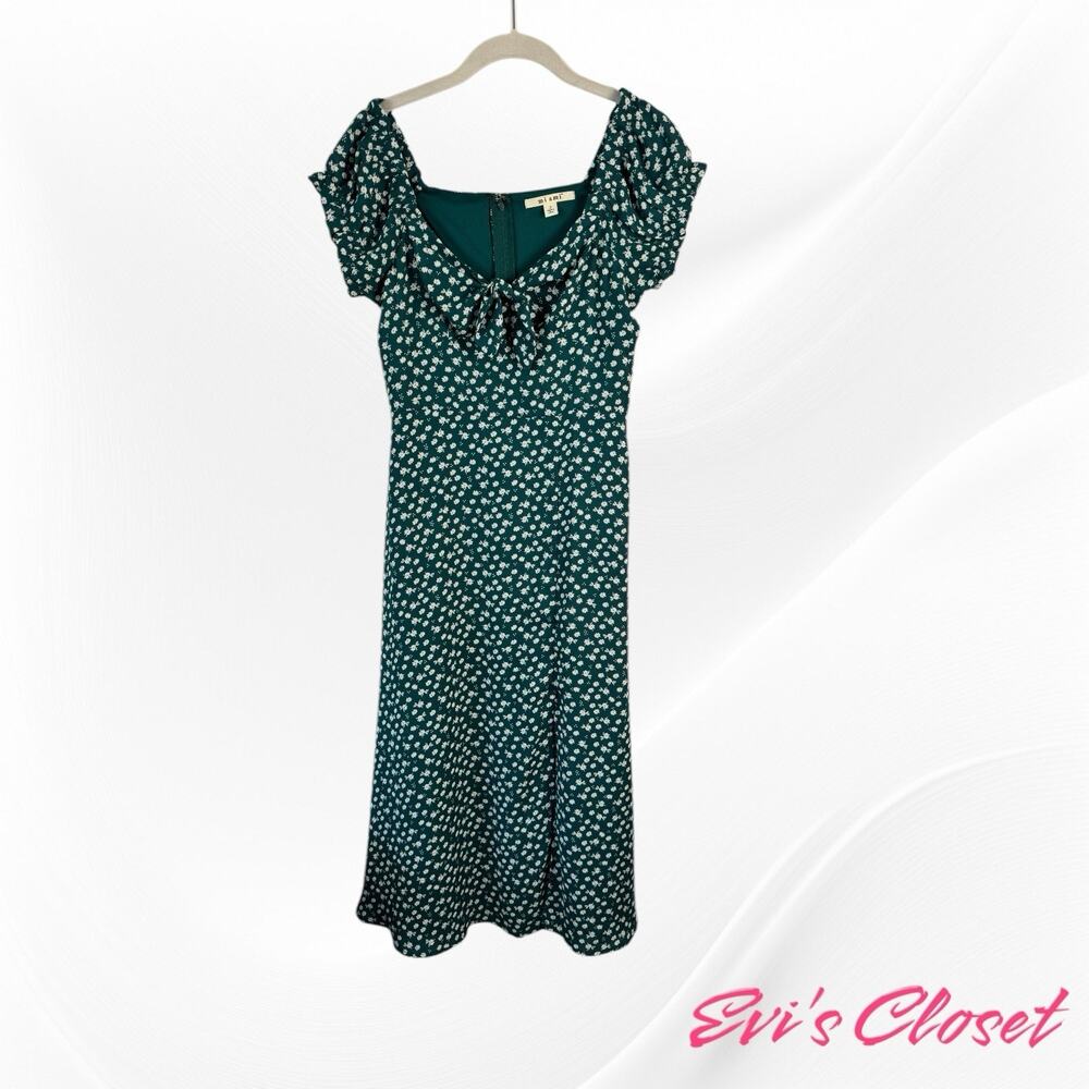 Miami Women’s Green Floral Summer Dress Puff Sleeve Tie Front Bow Size S